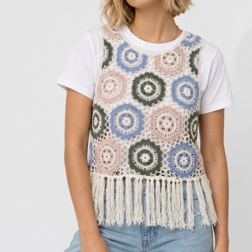 Blue Rain Crochet Tank Top Women XS Multicolor Boho Fringe Granny Square Vest